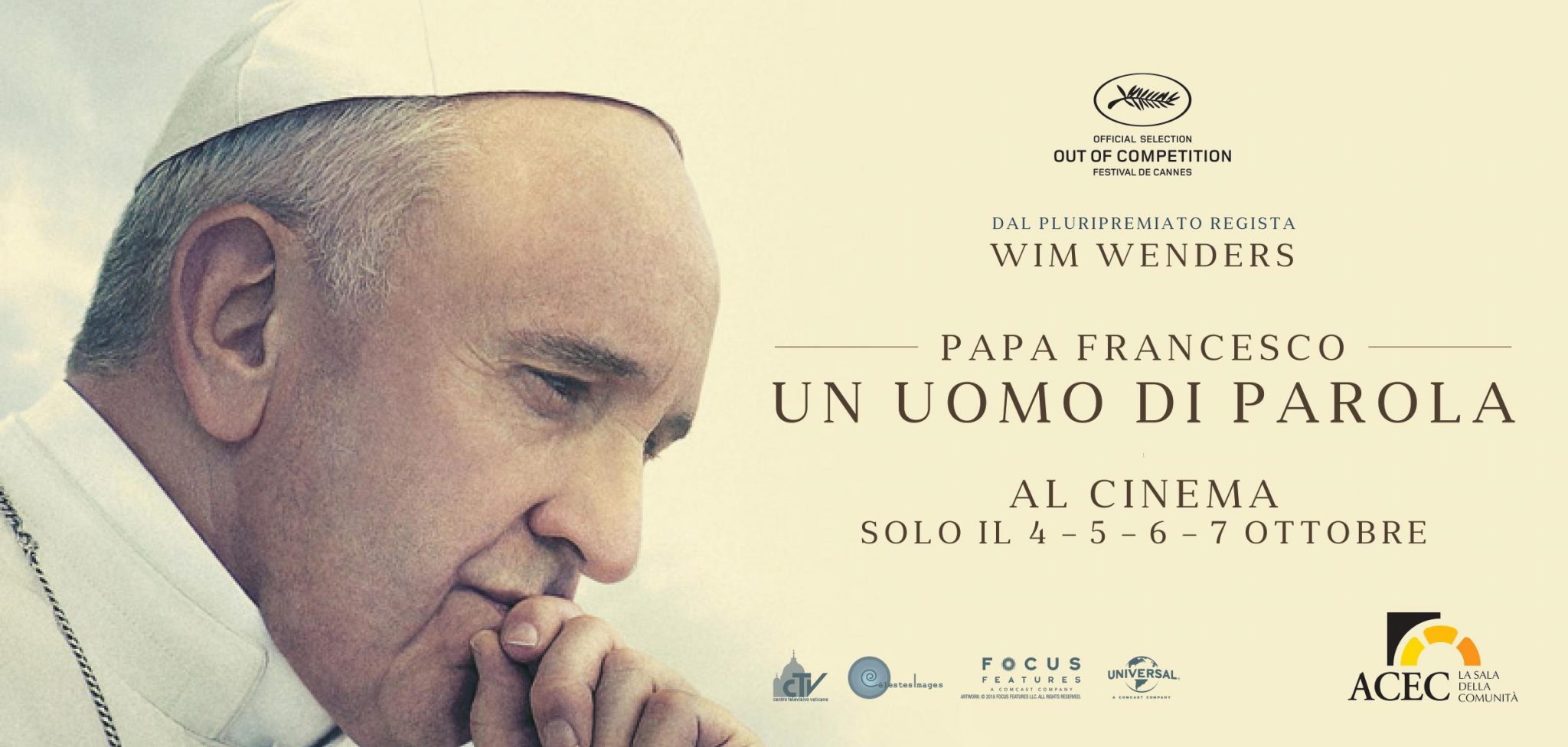 130 SALE DELLA COMUNITÀ PER  “PAPA FRANCESCO. UN UOMO DI PAROLA” Da Aosta a Pantelleria: il film di Wenders sul Pontefice sarà visto in tutta Italia grazie alle sale ACEC